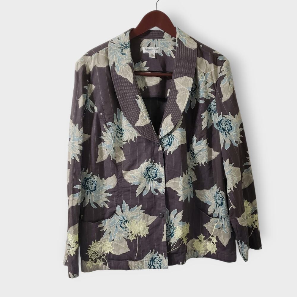 Coldwater‎ Creek 2X Linen Cotton Floral Jacket Grey Button Front Shawl Collar